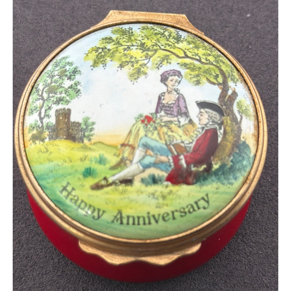 Vintage Halcyon Days Happy Anniversary Enamel Trinket Box England 1 5/8" READ